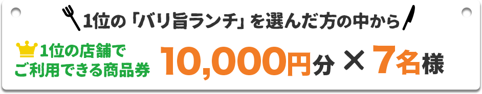 3位の「バリ旨ランチ」を選んだ方の中から3位の店舗で
 ご利用できる商品券 10000円を7名様に